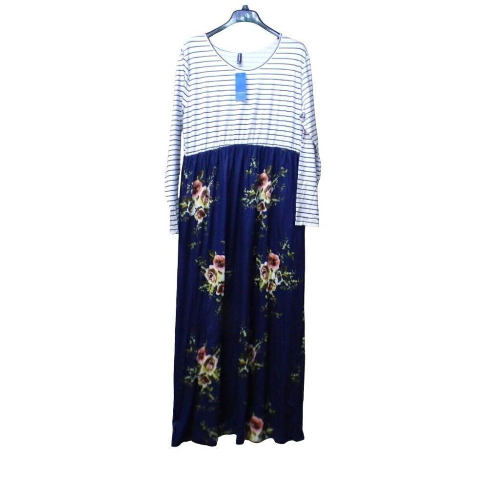 Allegrace Women’s Plus Size Mixed Print Maxi Shirt Dress, Blue, Sz. 2X